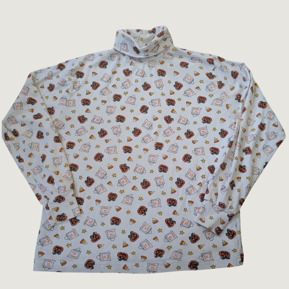 Crystal Kobe Womens Halloween Turtleneck Top White Pumpkin Candy Corn Size M